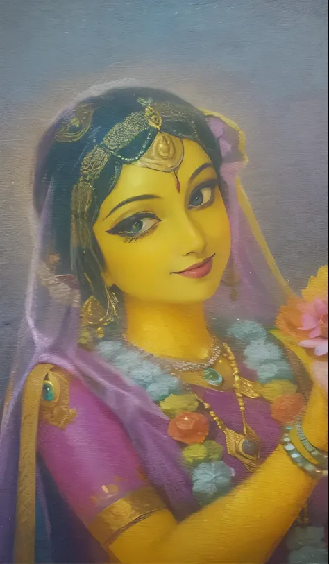 Shree Radharani, golden complexion, adorable face, large beautiful lotus eyes, sidelong glance, divine smile, purple dress, golden, garlands, beautiful