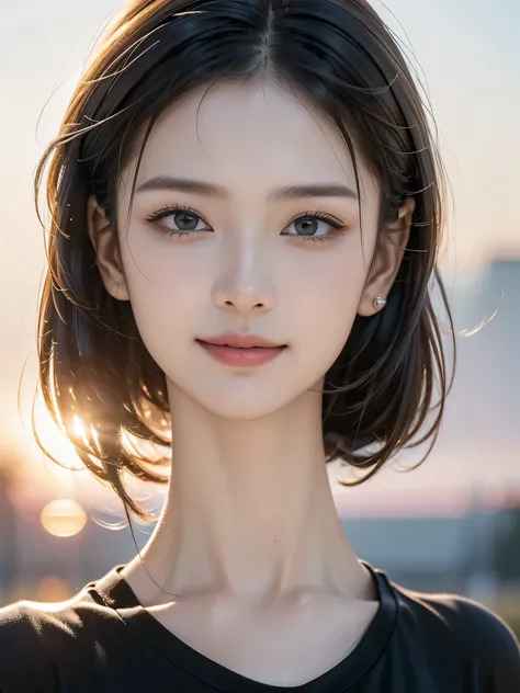 (highest quality,masterpiece:1.3,Ultra-high resolution),(Very detailed,8k), (Realistic:1.4, RAW shooting),Sunset sky,Japanese,17 years old,smile,Black Short Hair,Black Shirt,Bust up shot,Face Focus,Face close-up,Natural light,Illuminate from below,Professi...