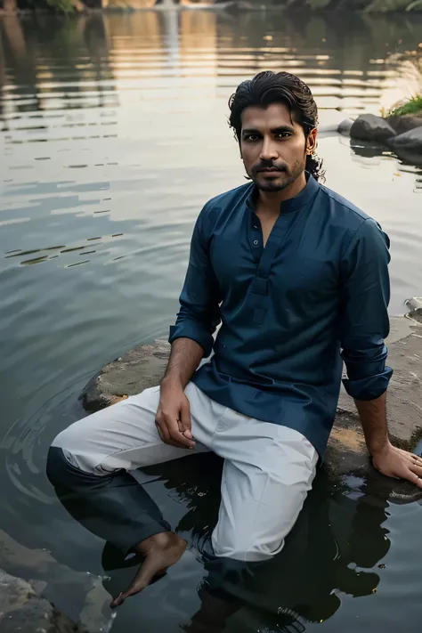 Create a detailed portrait of Rahil, the Water Whisperer. He is a Pakistani male in his late 30s, with Shoulder length, wavy black hair that flows naturally. He has bright blue eyes. Rahils skin tone is olive, representing his northern Pakistani heritage.
...