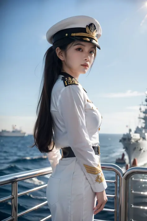 "Imagine a striking scene aboard a formidable battleship, where a high-ranking female officer of the Indonesian Navy stands with an air of authority and grace. The vast expanse of the ocean stretches out behind her, the horizon blending seamlessly with the...