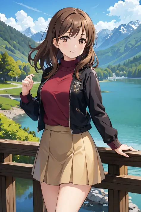 A girl with brown eyes, brown hair, with a smile on her lips, is wearing a skirt, a shirt, and looks at a jacket, above and just behind her, a very beautiful lake that extends in the background, as well as some mountains very far in the background.