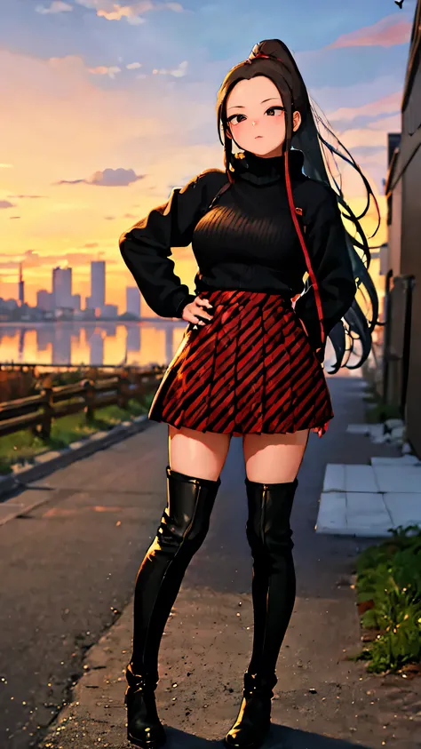 1girl, boots, hand on hip, ponytail, long hair, black footwear, plaid, thighhighs, thigh boots, solo, red eyes, coat, black hair, sunset, looking at viewer, full body, turtleneck, autumn, turtleneck sweater, nail polish, high ponytail, skirt, bangs, breast...