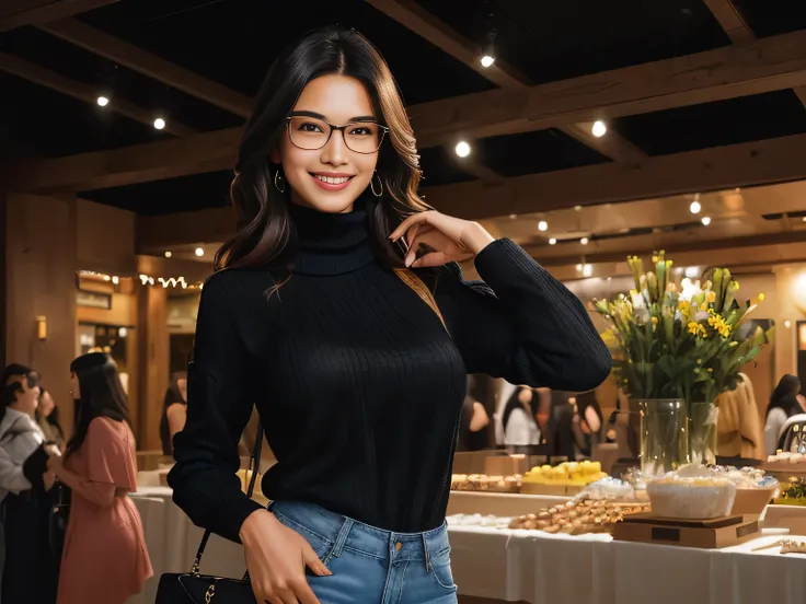 A beautiful Brazilian woman, wearing glasses, confident with white tanned skin and medium length dark hair, hair is styled loose, wearing blue jeans and a black collared shirt, a beige bag hanging on her shoulder, She is smiling slightly and appears to be ...