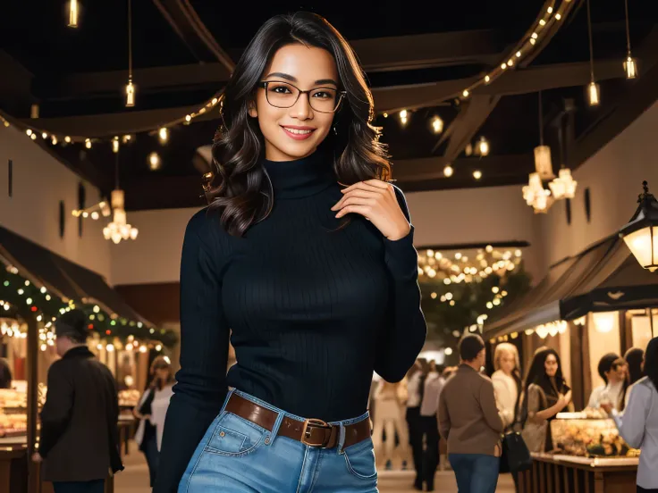 A beautiful Brazilian woman, wearing glasses, confident with white tanned skin and medium length dark hair, hair is styled loose, wearing blue jeans and a black collared shirt, a beige bag hanging on her shoulder, She is smiling slightly and appears to be ...