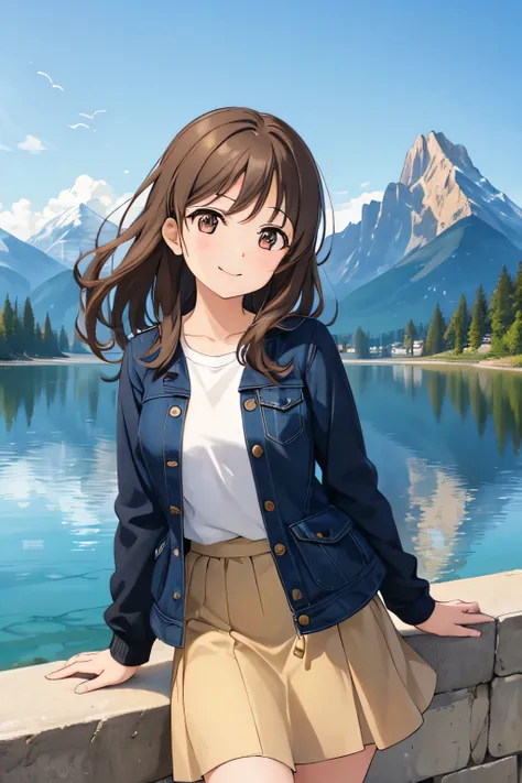 A girl with brown eyes, brown hair, with a smile on her lips, is wearing a skirt, a shirt, and looks at a jacket, above and just behind her, a very beautiful lake that extends in the background, as well as some mountains very far in the background.