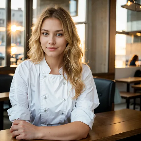 beautiful blonde wearing well dressed (sipping coffee in a modern cafe at sunset), very detailed, 21 ans, Visage innocent, natural wavy hair, yeux bleus, high resolution, chef-d&#39;artwork, Best quality, Intricate details, very detailed, Sharpness, detail...