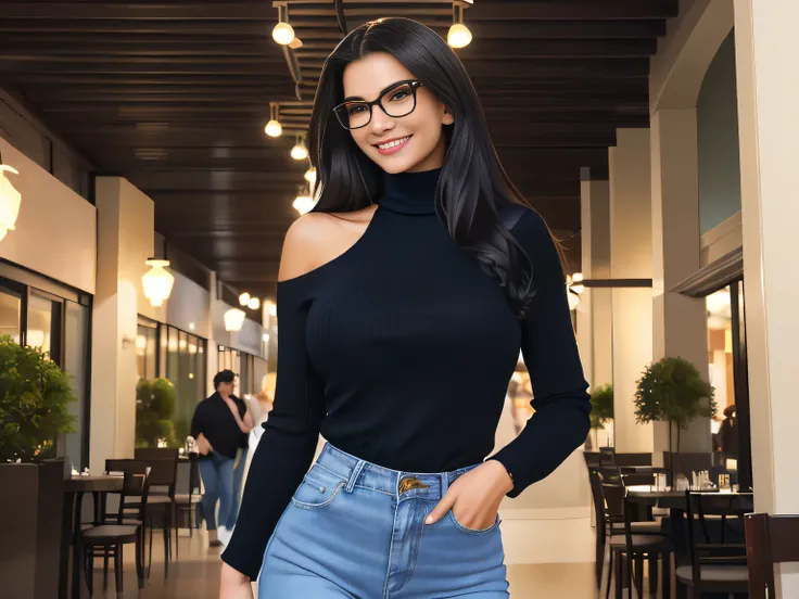 A beautiful Brazilian woman, wearing glasses, confident with white tanned skin and medium length dark hair, hair is styled loose, wearing blue jeans and a black collared shirt, a beige bag hanging on her shoulder, She is smiling slightly and appears to be ...