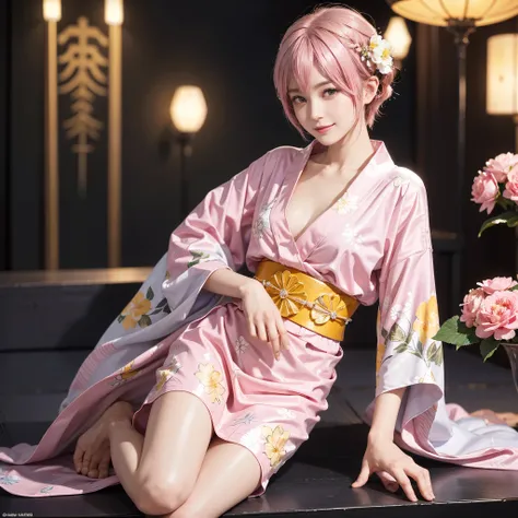 (1 Sexy Woman, Solo, Pink Hair, Short Hair, Floral Pattern Yukata, Smile:1.4), (Detailed Eyes, Beautiful Legs, Beautiful Eyes, glossy lip, Thigh, cleavage, Smile:1.2), (From Side, Cowboy Shot:1.2), (Summer Fastival, Clear Sky, blurred background:1.3), ((an...