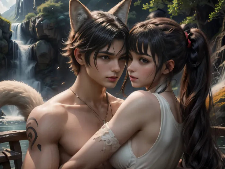 (Best quality, 8K, masterpiece, HDR, soft lighting, perfect image, realistic, Bright), Image of a man and woman, playing Go against the backdrop of mountains and a waterfall, background of mountain landscape with waterfall, a man and a fox girl are sitting...