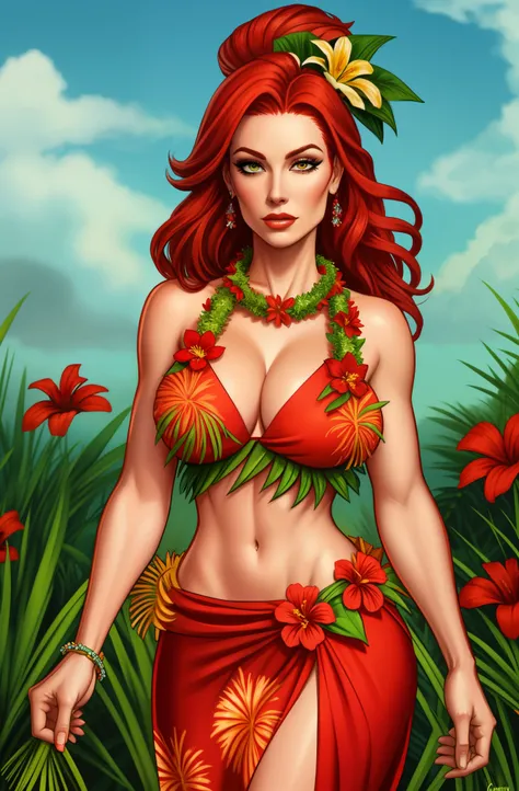 Carolyn Dunn, red hair, wearing a garland of flowers, girl wearing a lei, grass skirt