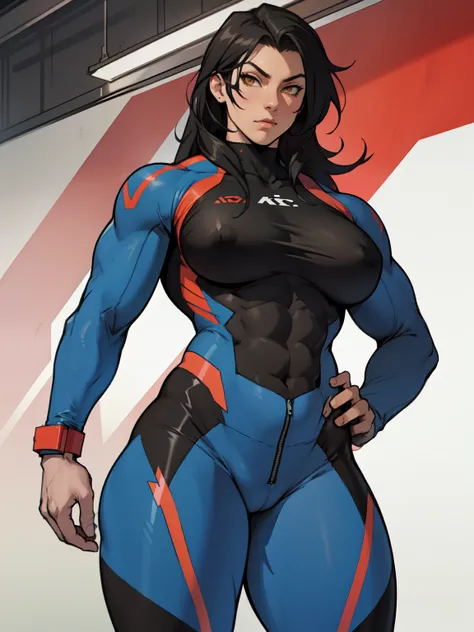 solo standing skintight suit skintight suit skintight suit ((muscular girl perfect anatomy)) toned body massive breasts massive breasts massive breasts yellow eyes black hair pale skin