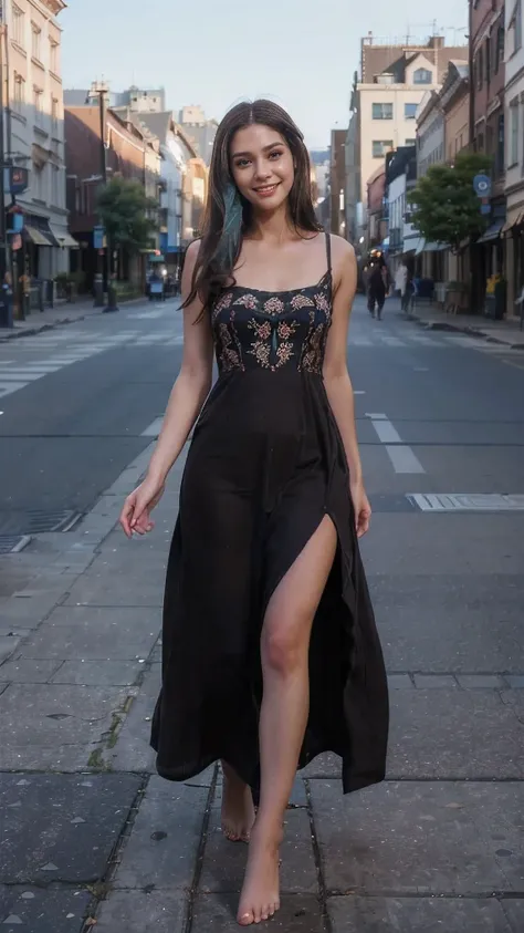 (a beautiful woman, 1girl, smiling, full body, slim face, (dark brown hair:1.1), long dress:1.1, extremely detailed face, detailed eyes, double eyelid, blurred background, cityscape, barefeet, outdoor, street, best quality, 8k, masterpiece:1.3)