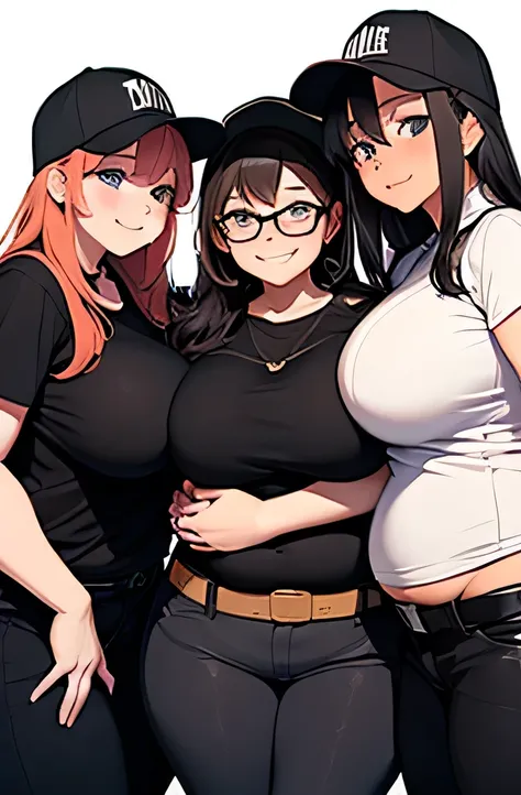 three extremely fat women hugging, huge bust, 300 pounds, black pants, massive stomach, lovehandles, smiling, bbw, plus size woman, belt, obese, wearing glasses, hugging, hand on shoulder, black shirt, wearing baseball cap