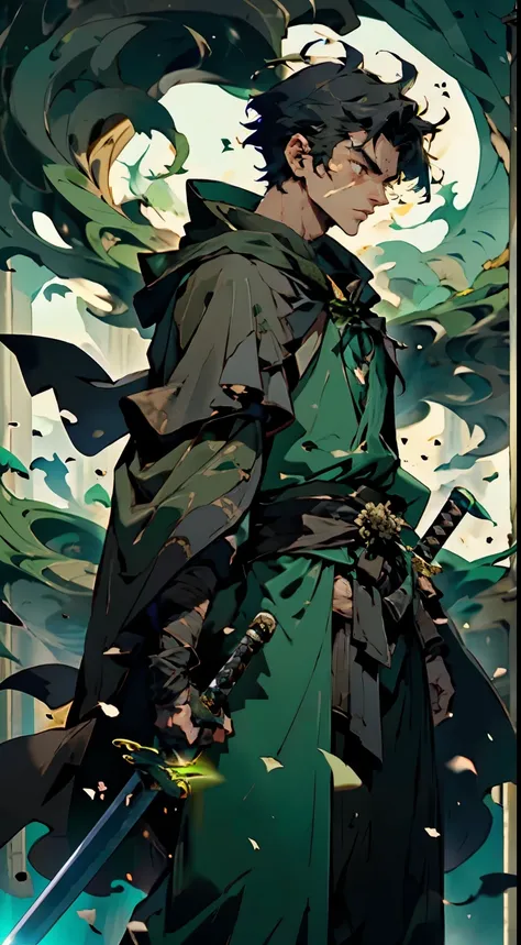 a 15-year-old swordsman with short messy hair holding a sword with a black handle and a very dark green cloak covering half of h...