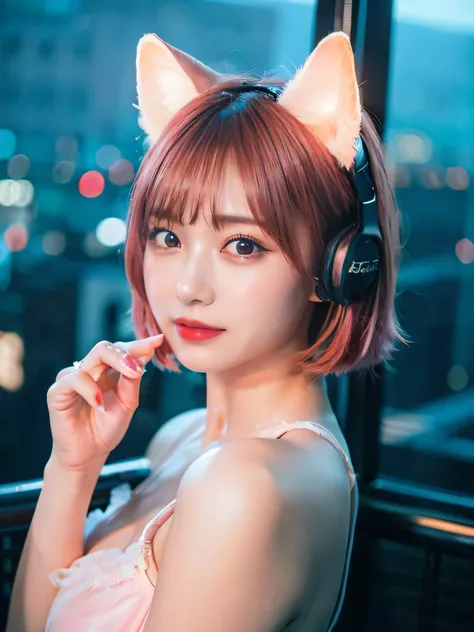 最high quality, masterpiece, 32k、Very detailed、Realistic、1 girl, Japanese women、Cute Face, (photo Actual:1.3),Bob Hair(red pink hair color、Pink Hairstyle)、Edge lighting, (Skin with attention to detail:1.2), 8k超High resolution, Single-lens reflex camera, hig...