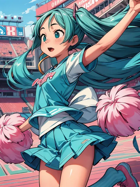 (masterpiece、highest quality、highest quality、Official Art、Beautiful and beautiful:1.2)、(One girl:1.3)Hatsune Miku、Twin tails,Big Breasts,catalyst,  Cheerleader, Jumping, Open your mouth, Football Stadium, whole body, ultra-detailed, detailed, beautiful det...