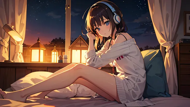 (masterpiece, highest quality: 1.2), dusk、Girl listening to music in a cozy room、Acoustic guitar nearby、Use headphones、Anime-style 2D、Lo-Fi、Chill、Soft atmosphere、Oriental