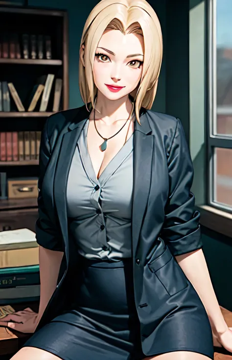 good anatomy, masterpiece, best quality, 4k, 8k, professional erotic photography, soft light, sharp focus, office space, 1 girl, blonde hair, white button up shirt, blonde hair, parted banks, detailed face+brown eyes, smile, closed lips, lipstick, necklace...