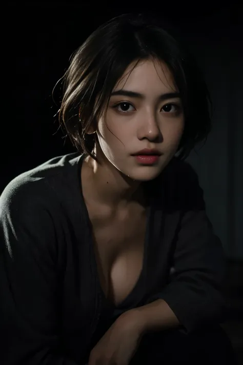 Best quality, masterpiece, ultra high res, (photorealistic:1.5), raw photo, 1girl,, in the dark, deep shadow, low key, cold light, sexy look, short hair, smooth , sexy, wet