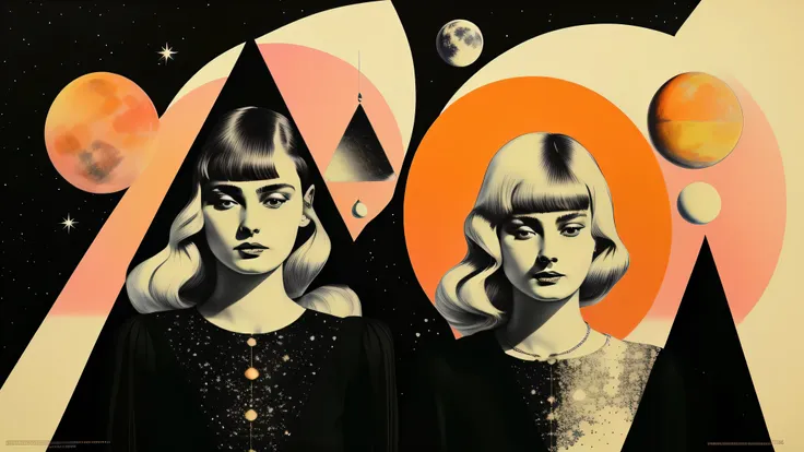 there is a triangle and a crescent moon above his head.、blonde european woman on a pink background with orange circles