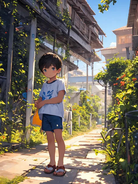 a kid in blue t shirt and jeans shorts, in a beautiful flower field watching the sunset