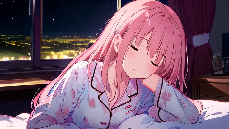 (highest quality, masterpiece, high resolution), one girl, mid-chest,  pink hair, long hair, sexy pajamas, collapsed in bed, asl...