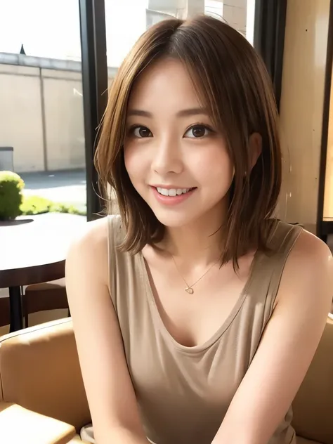 A beautiful Japanese shy girl, short brown hair, brown big eyes, shiny lip, shiny hair, ecstatic expression, in cafe, in front of huge window, light shine in, she is sitting sofa in front of table, The background is very blurry, wearing summer casual cloth...