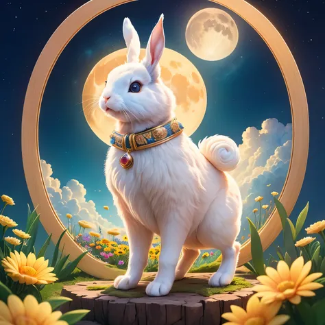 (最high quality,4K,8k,High resolution,masterpiece:1.2),Very detailed,Yamazawa， moon， cloud， night，Clever rabbit， standing on a roof， gem， Traditional Media， Fresh flowers， high quality，