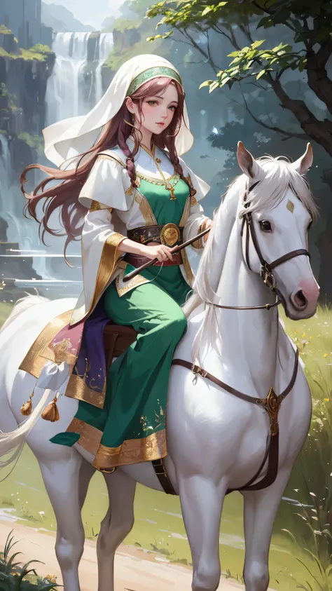 Highest Image Quality, High Resolution 8k,Painting of a mulim Woman, Beautiful Woman,pink lips, dark hair, white skin perfect body shape, green eyes, wearing islamic white uniform, Riding a white Horse in a Dress, Wlop Painting Style, Beautiful Character P...