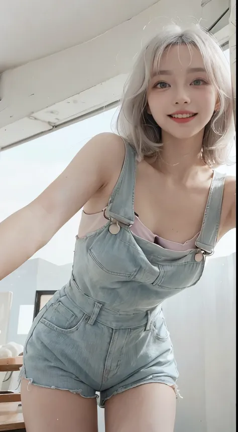 Best image quality、RAW Photos、超A high resolution、21 years old Korean、Small breasts、Dynamic Angle、Cowboy Shot、Chaos in its most beautiful form、elegant、Brutalist Design、Vibrant colors、Beautiful white hair、Short Bob、smile、fun、smile、Glowing White Skin、Beautifu...