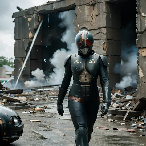 create a realistic photo of a girl indonesian walking in an Kamen Rider Black RX suit without a helmet. there was a destroyed tank exploding behind him.
The i suit worn has scuffs and scratches.
location in the ruins of the city.
sharp focus, Cinematic lig...