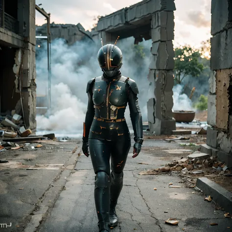 create a realistic photo of a girl indonesian walking in an Kamen Rider Black RX suit without a helmet. there was a destroyed tank exploding behind him.
The i suit worn has scuffs and scratches.
location in the ruins of the city.
sharp focus, Cinematic lig...