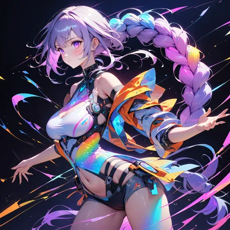 holography, Draw in neon colors:1 girl,yinji,1girl,solo,purple_hair,purple_eyes,very_long_hair,grey_hair,braided_ponytail,large_breasts,gradient_hair,, beautiful, (Very long light purple braided ponytail),Bare shoulders,belly button,Short spats,Silver spor...