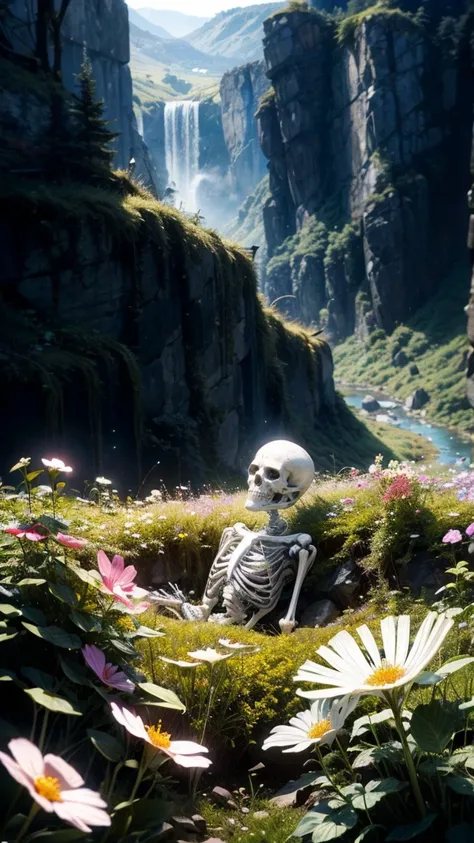 (Good structure),High resolution,超High resolution,8k、skeleton、A skeleton is lying on a rock.、Skeletons are scattered、In the valley of flowers, There were flowers, And on a cloudy spring morning, With dew and dew, Unsettling Lighting、Dark Light