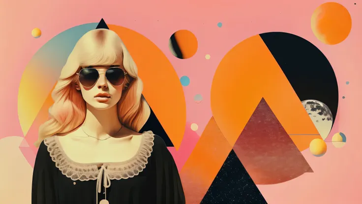 There is a triangle and a crescent moon above his head.、One blonde European woman wearing sunglasses on a pink background with orange circles