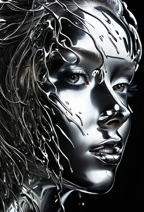 a mesmerizing close-up portrait of a woman's face, featuring a unique dichotomy. the left side is a sleek, liquid metal machiner...