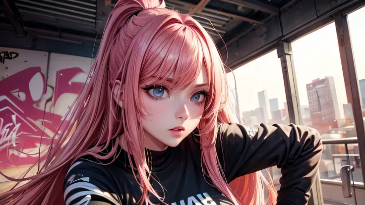 Sexy woman,Beautiful pink and golden hair Cinema lighting, Ultra-high resolution, Accurate, Super detailed, Textured skin, High detail, highest quality, 8k,Thin bangs, Detailed Hair,Focus on the face,Graffiti WallHIP-HOP Fashion,Ripped jeans,Alley,Oblique ...