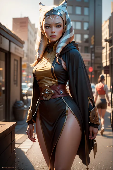 ahsoka tanoin a hoodedie stands in front of a city, portrait of ahsoka tano, stylized urban fantasy artwork, avatar image, jen b...