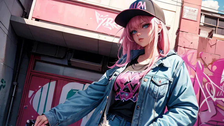 Sexy woman,Beautiful pink and light blue hair Cinema lighting, Ultra-high resolution, Accurate, Super detailed, Textured skin, High detail, highest quality, 8k,Thin bangs, Detailed Hair,Focus on the face,Graffiti WallHIP-HOP Fashion,Ripped jeans,Alley,Obli...