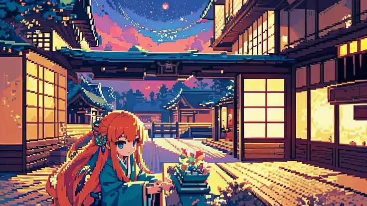 Pixel art,(((masterpiece,highest quality,pixel,Pixel Art))),One beautiful girl,Orange Hair,Long Hair,(Japanese style:1.4),princess,(Healing),Moe sleeves