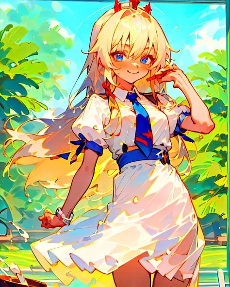 anime girl with long blonde hair wearing a white dress and a blue tie, blonde anime girl with long hair, anime visual of a cute girl, anime goddess, smiling as a queen of fairies, guweiz on pixiv artstation, anime girl with long hair, top rated on pixiv, s...