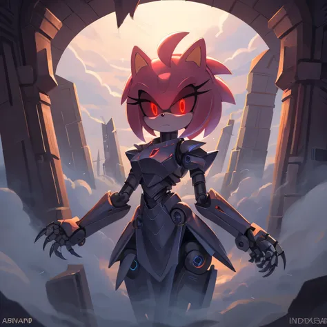 score_9, score_8_up, 2D, Amy Rose from sonic the hedgehog, glowing red eyes, above shoulder, wispy hair, pillars of smoke, made out of smoke, ghost-like, malicious look, swirling cloudy misty background, stunning visual, robot, mechanical parts, black scle...