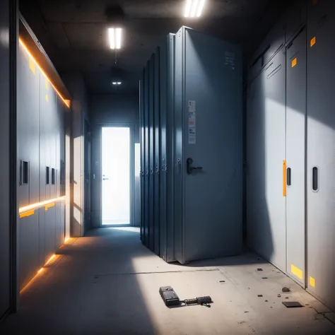 the call of duty armory is a dark room with white lights and not windows, there are weapon cases, military boxes in blue color, military boxes in orange color, no people,