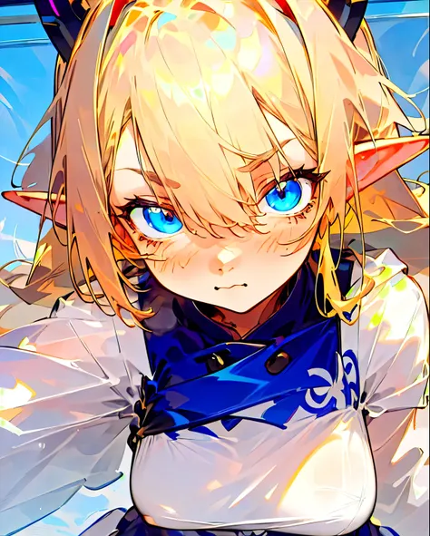 close up anime girl, elf ears, blond hair, blue eyes, cute expression, straight on face