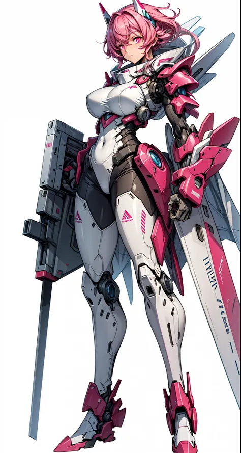 masterpiece, highest quality, Female Mecha, Big Breasts, No humans, White and pink armor, Glowing Eyes, Equipped with two laser cannons (White Background, whole body)