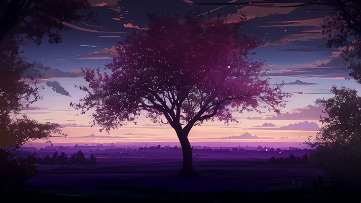 Purple and black painting of a tree in a field with a sunset in the background, papel de parede de paisagem anime, Paisagem do anime, Papel de parede de arte anime 8k, Papel de parede de arte anime 4k, Papel de parede de arte anime 4k, Paisagem de Ilya Kuv...