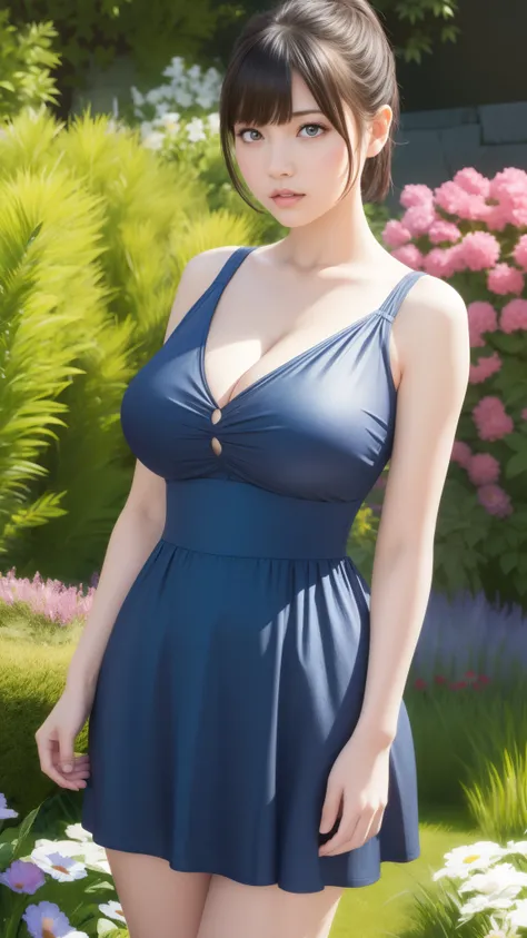 1girl, natural lighting, masterpiece, highly detailed, illustration, game CG, absurdres, high quality, aichan, (large breasts), beautiful detailed eyes, short hair, ponytail, bangs, glossy lips, garden, minidress, cleavage