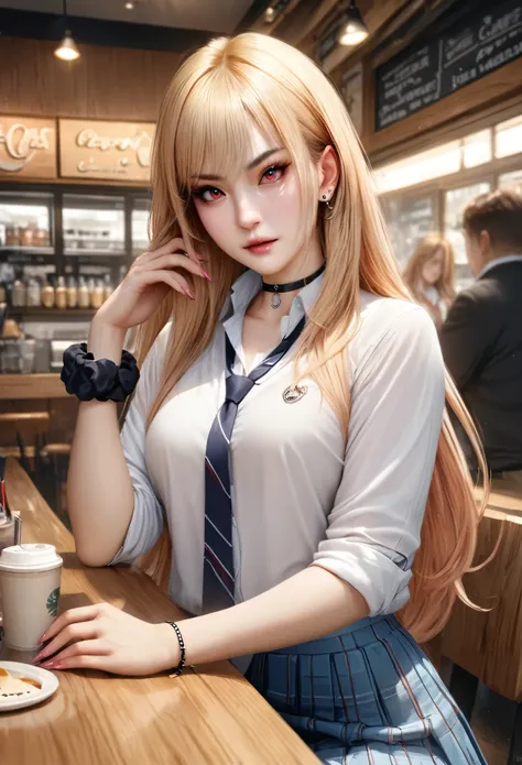 animetoreal,soft light, masterpiece, best quality,high quality,delicate face, realistic,photorealistic,1girl,,Marin Kitagawa, long hair, blonde hair, red eyes, piercing, earrings, ear piercing, stud earrings, black choker, loose necktie,  school uniform, w...