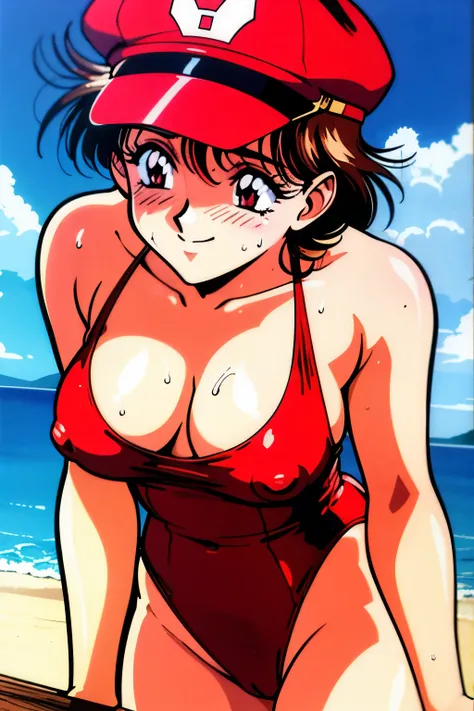 1990s (style), 1980s (style), retro artstyle, NSFW, sexy, One girl, red_swimsuit, red_cap, lifeguard, Sweating, blink eye, smile, in the beach, NSFW