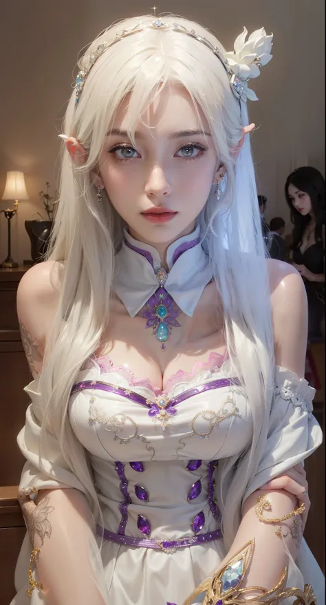 Royal sisters，Exquisite eyes，Frozen queen，Put the crown on your head，Detailed facial expressions body，Tall and big，Glamorous characters，Leg length，4k，HD，Sensual，White translucent lace，白皙The complete picture，Little cherry mouth，Beautiful and lovely，The comp...